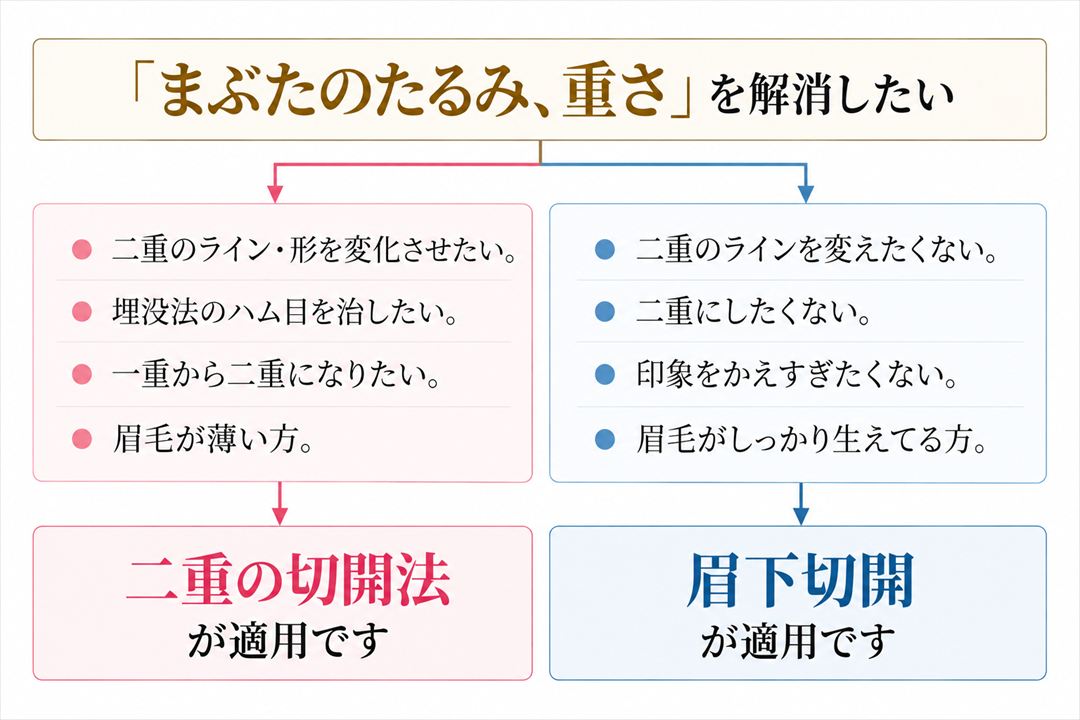 まぶたのたるみ・重さを解消したい場合の術式分岐図。二重のライン・形を変化させたい、埋没法のハム目を治したい、一重から二重になりたい、眉毛が薄い方、というお悩みには「二重の切開法」が適用です。二重のラインを変えたくない、二重にしたくない、印象をかえすぎたくない、眉毛がしっかり生えてる方、というお悩みには「眉下切開」が適用です。