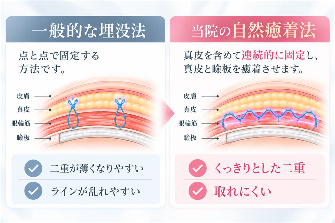 一般的な埋没法と当院の自然癒着法の違いの比較図。一般的な埋没法は、点と点で固定する方法です。特徴として、二重が薄くなりやすい、ラインが乱れやすい、という点があります。当院の自然癒着法は、真皮を含めて連続的に固定し、真皮と瞼板を癒着させます。特徴として、くっきりとした二重になる、取れにくい、というメリットがあります。