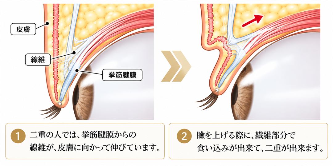 二重の仕組みの解説図。断面図の部位：皮膚、線維、挙筋腱膜。1：二重の人では、挙筋腱膜からの線維が、皮膚に向かって伸びています。2：瞼を上げる際に、線維部分で食い込みが出来て、二重が出来ます。