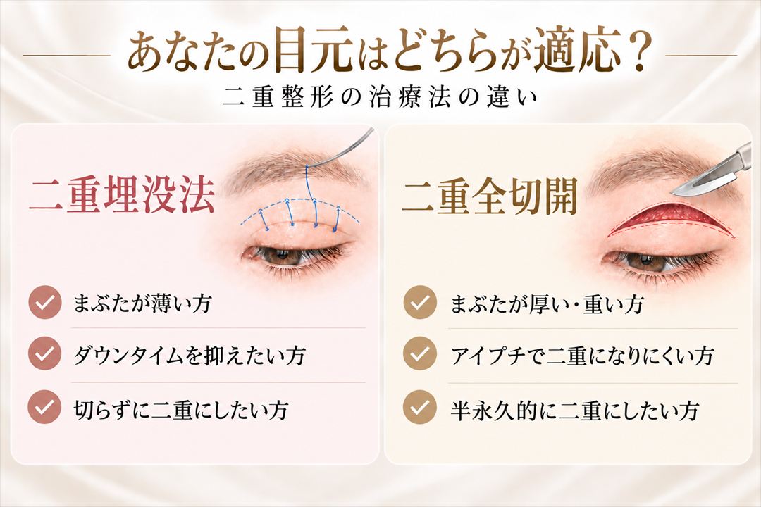 あなたの目元はどちらが適応?二重整形の治療法の違い。二重埋没法:まぶたが薄い方、ダウンタイムを抑えたい方、切らずに二重にしたい方。二重全切開:まぶたが厚い・重い方、アイプチで二重になりにくい方、半永久的に二重にしたい方。