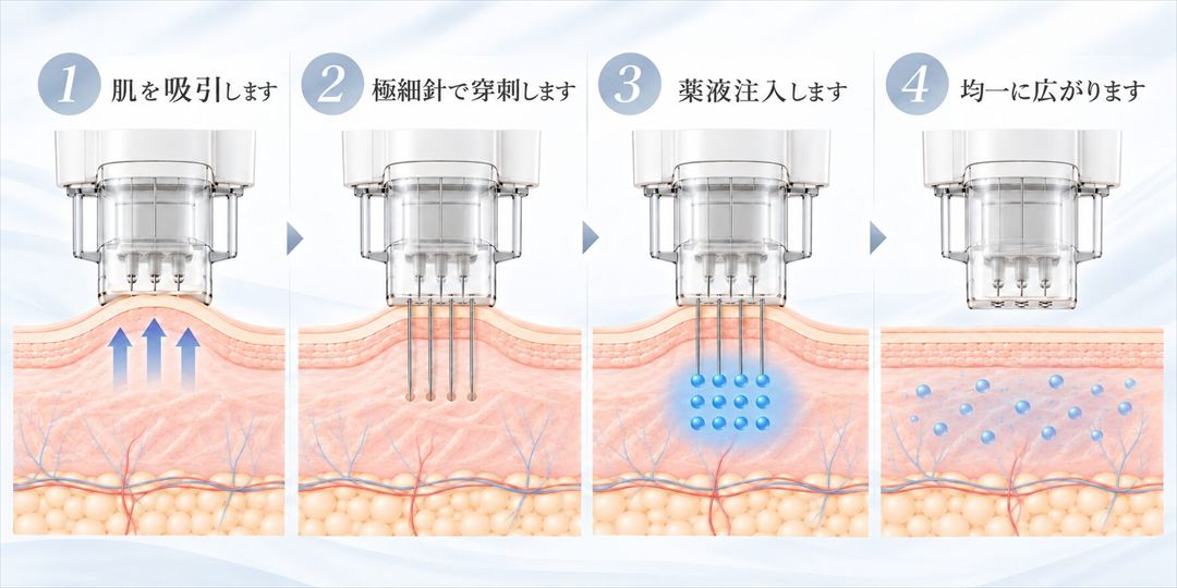 水光注射が作用する仕組みの4つのステップ。1:肌を吸引します。2:極細針で穿刺します。3:薬液注入します。4:均一に広がります。