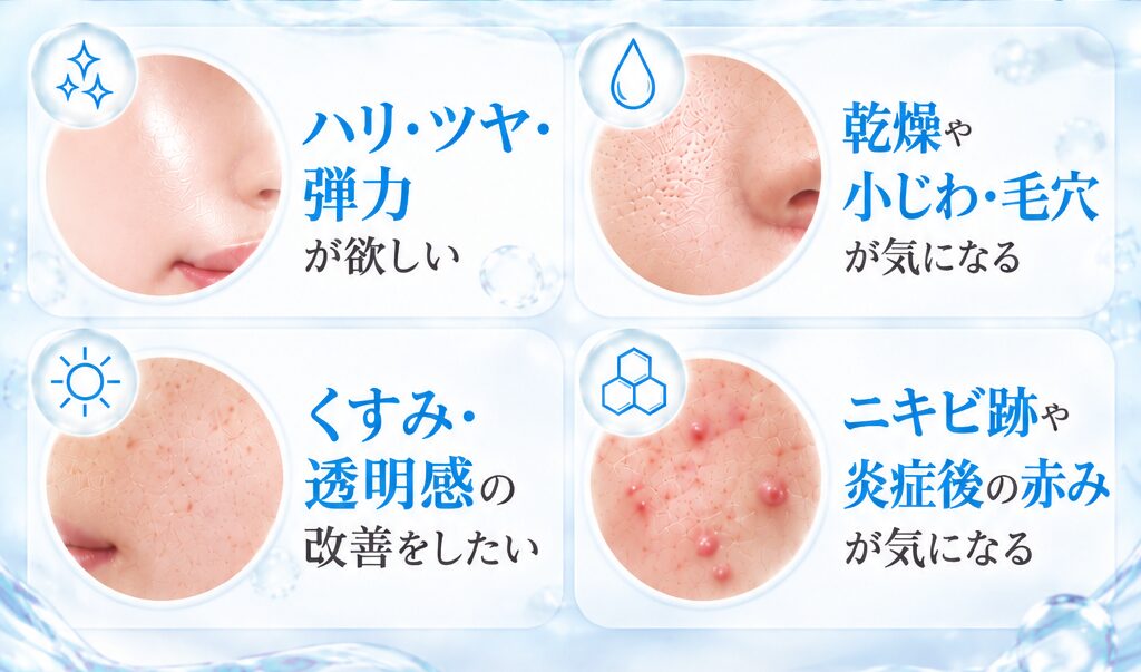 水光注射がおすすめな肌のお悩み。ハリ・ツヤ・弾力が欲しい。乾燥や小じわ・毛穴が気になる。くすみ・透明感の改善をしたい。ニキビ跡や炎症後の赤みが気になる。